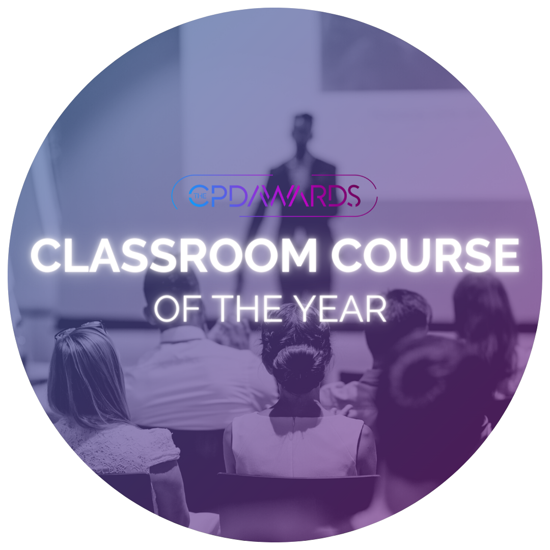 Students sitting in classroom behind text 'Classroom Course of The Year' with purple and pink CPD Awards Logo