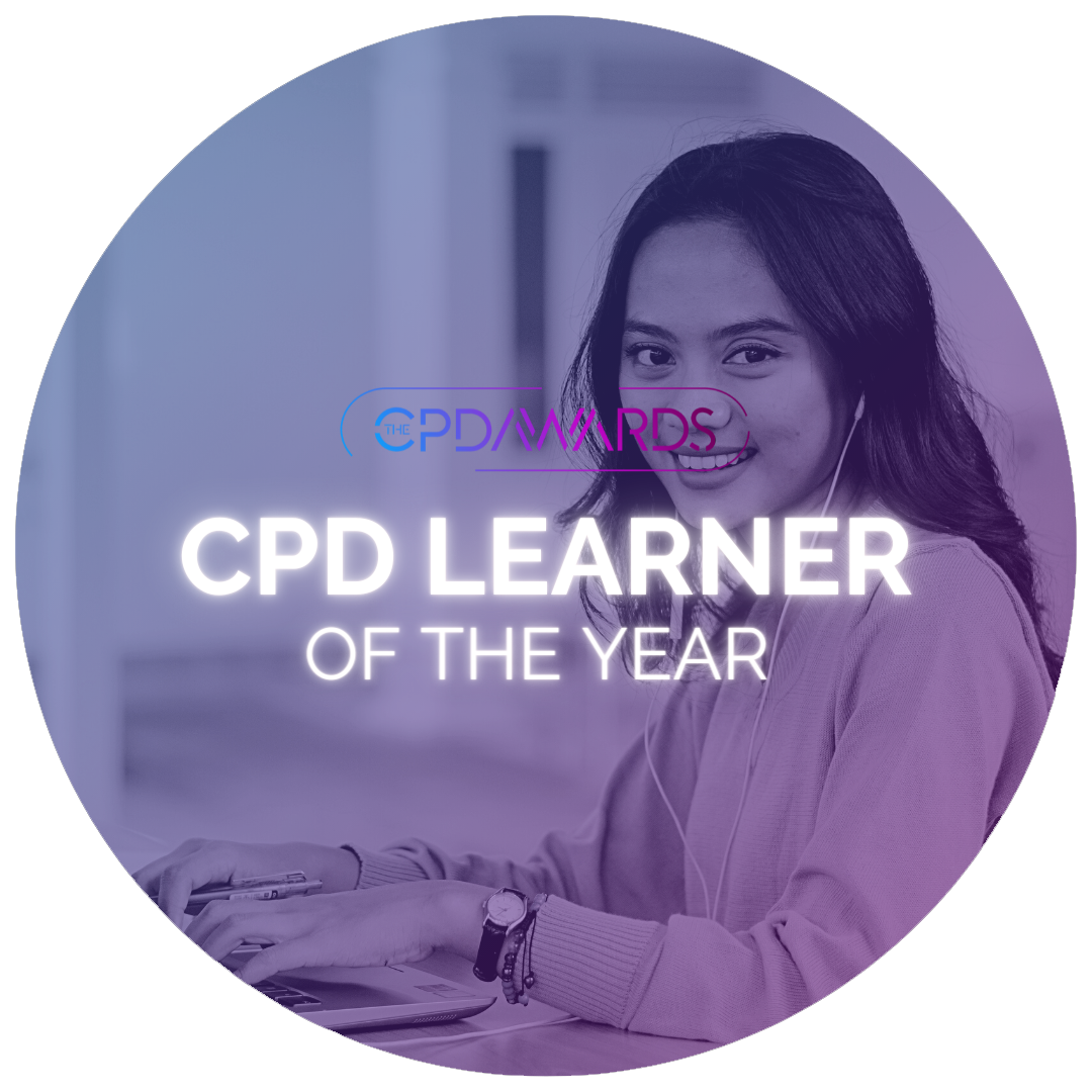 A young professional girl smiling at the camera whilst sat at a desk on a laptop behind text 'CPD Learner of The Year' with purple and pink CPD Awards Logo