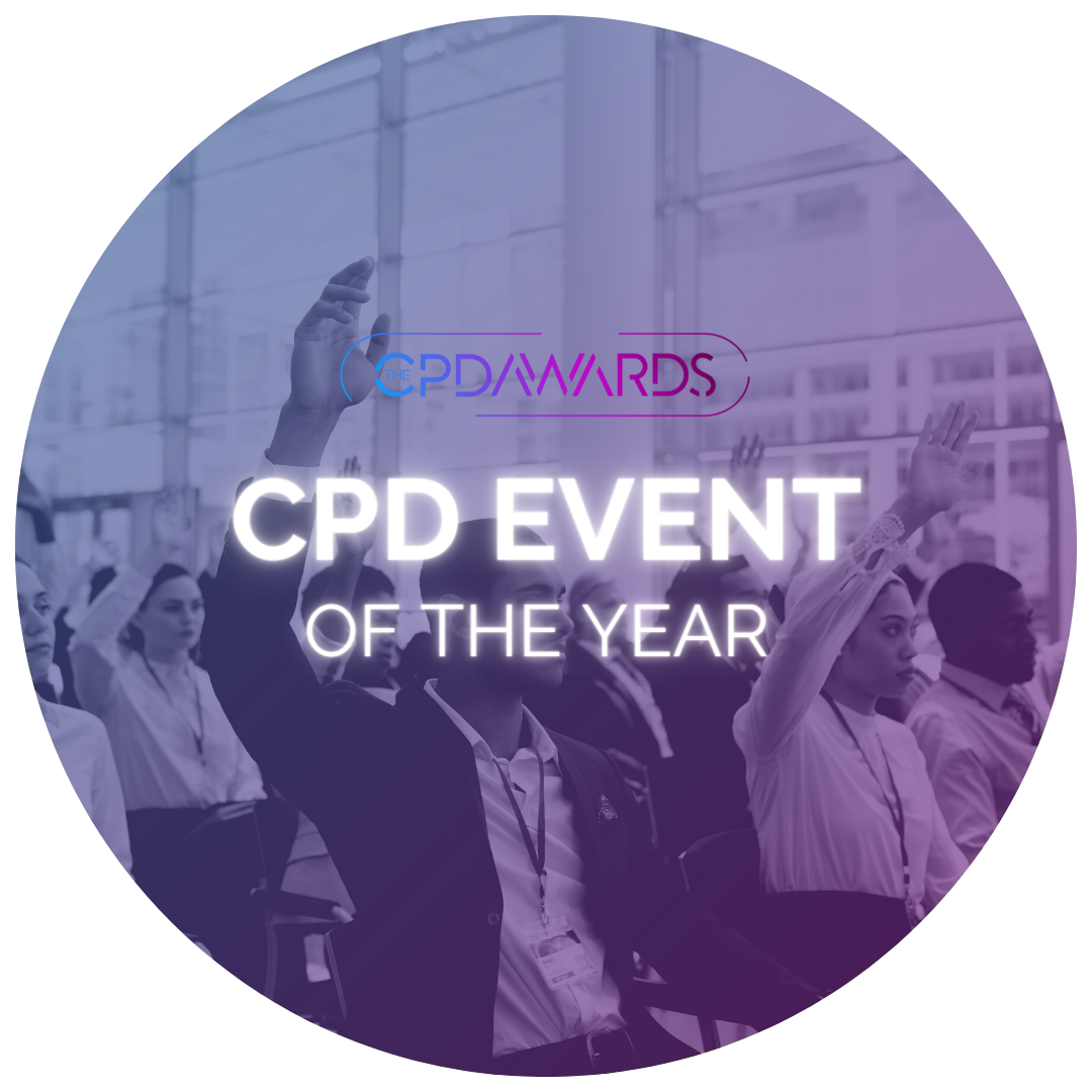 Learners at an event raising hands behind text 'CPD Event of The Year' with purple and pink CPD Awards Logo