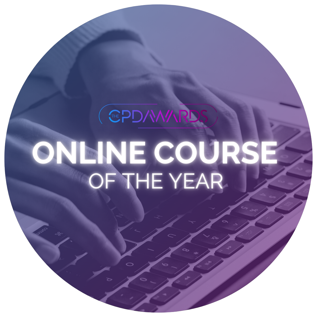 Hands typing on laptop behind text 'Online Course of The Year' with purple and pink CPD Awards Logo