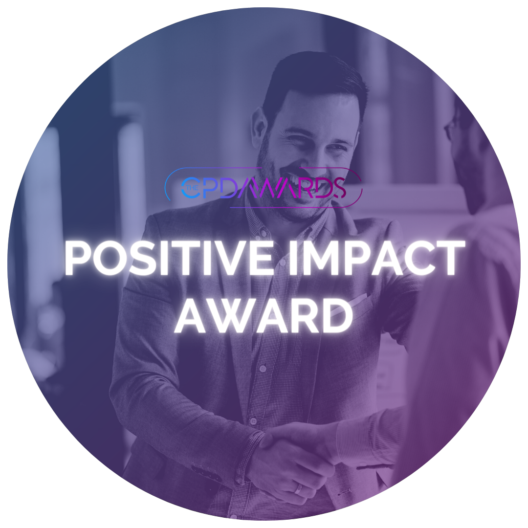 Smiling Man shaking hands behind text 'Positive Impact Award' with purple and pink CPD Awards Logo