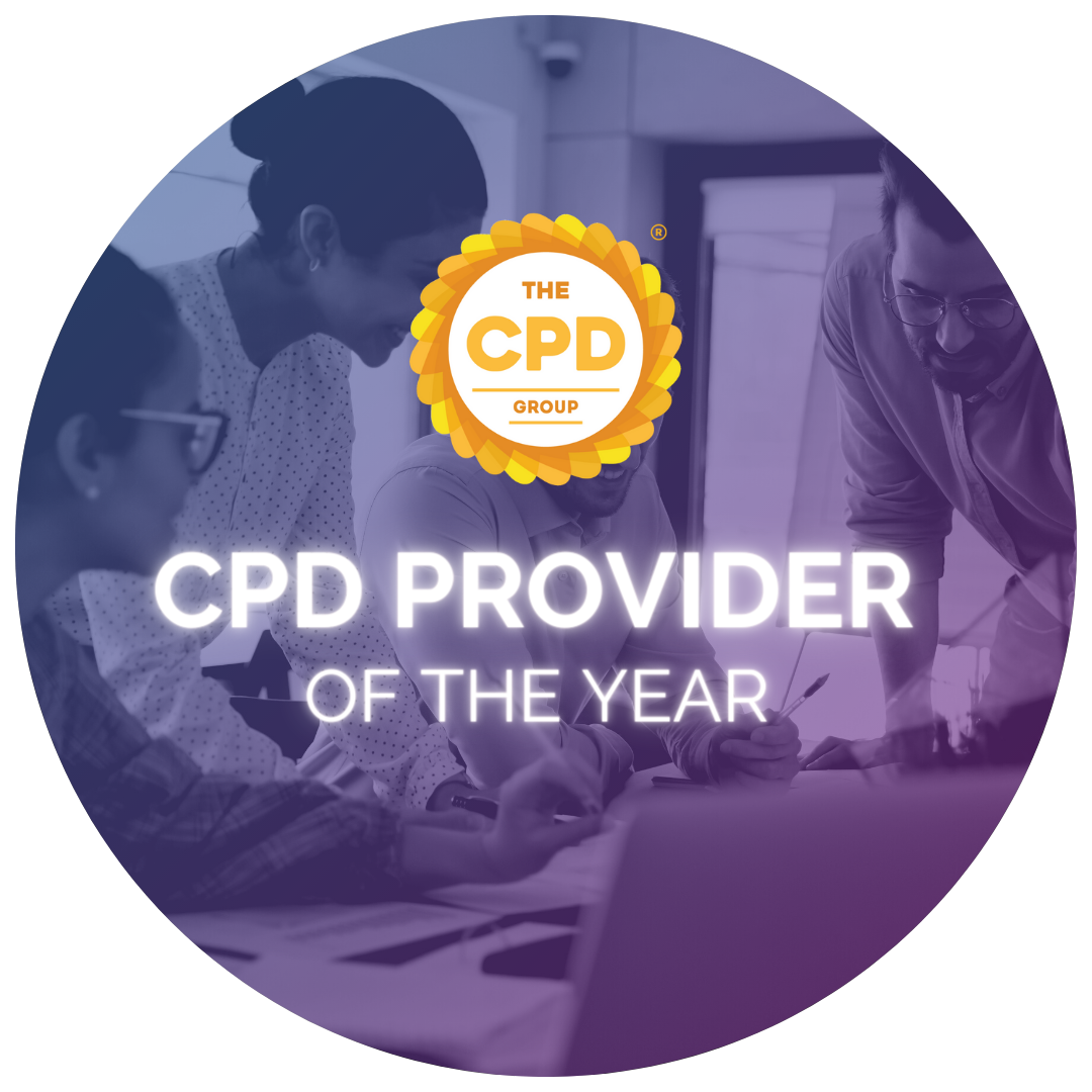 Professionals learning behind text 'CPD Provider of The Year' with yellow circular PCD Group Logo