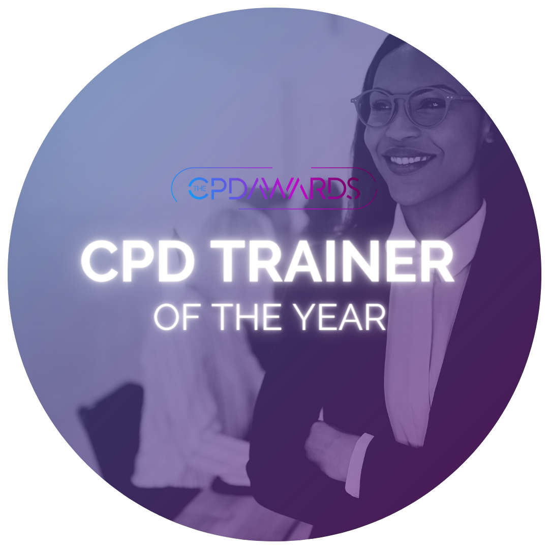 Young similing professional woman behind text 'CPD Trainer of The Year' with purple and pink CPD Awards Logo