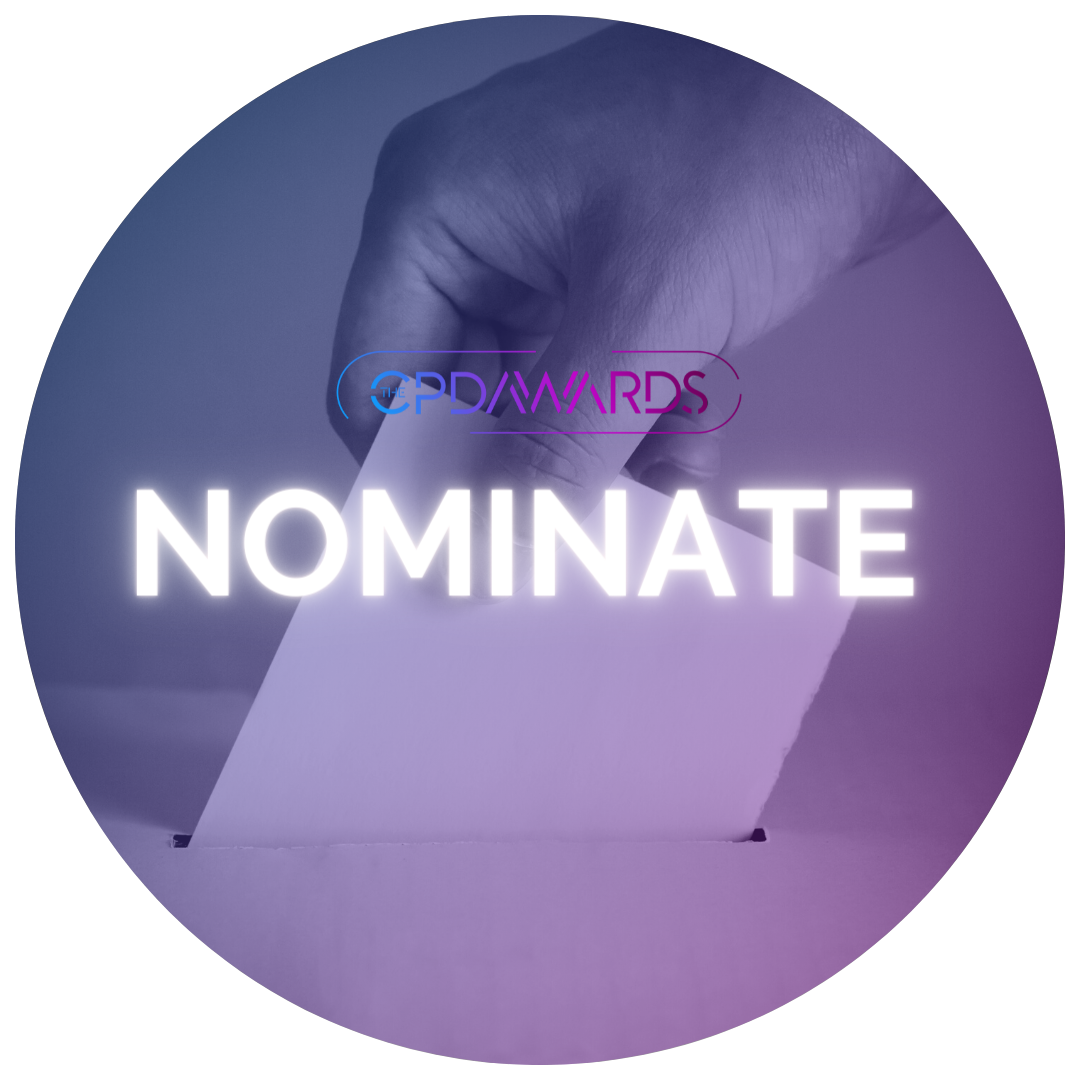 Hand casting vote into ballot box behind text 'Nominate' with purple and pink CPD Awards Logo