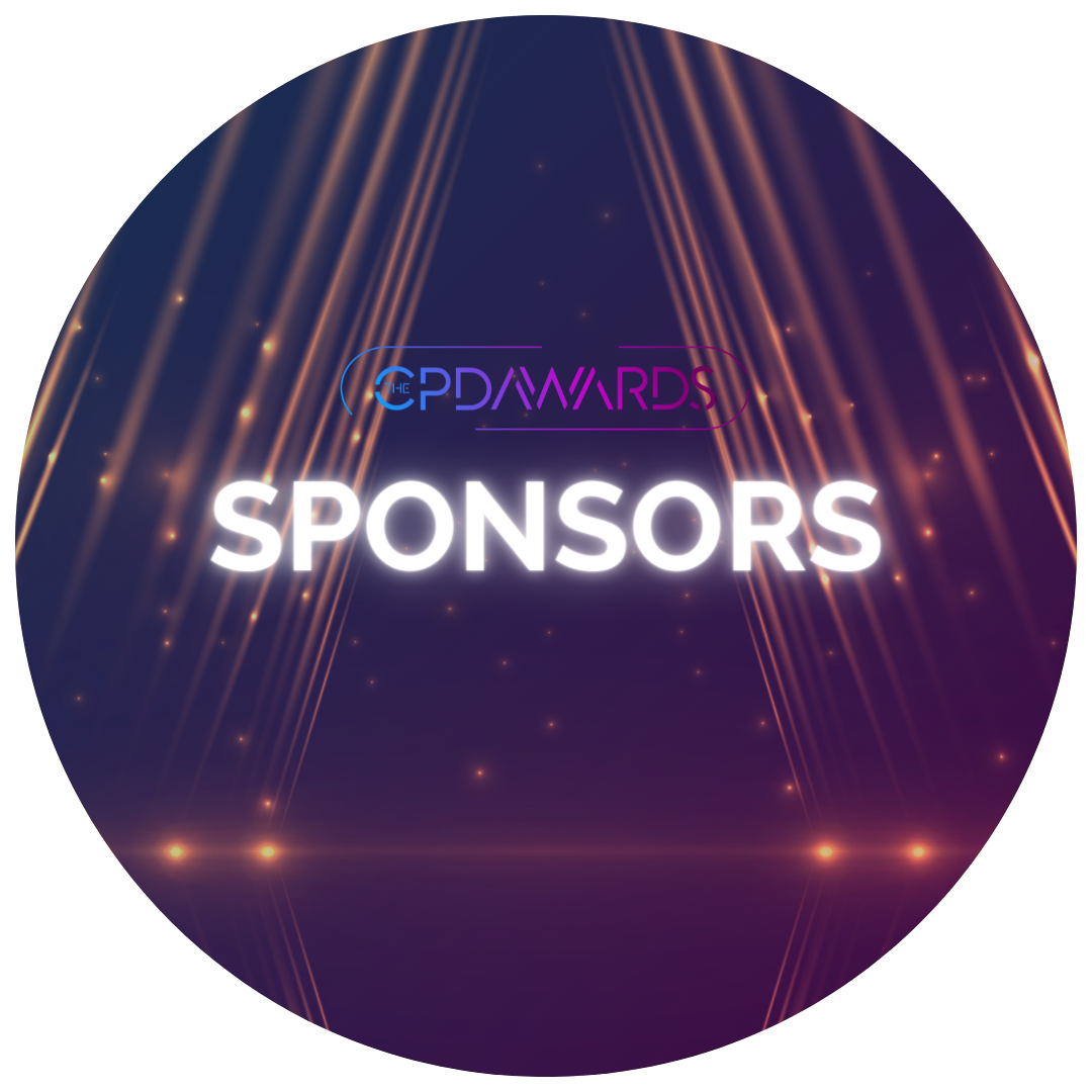A purple background with gold spotlights shining downwards. ‘Sponsors’ is presented in the middle of the circular image and the CPD Awards logo is centred above.