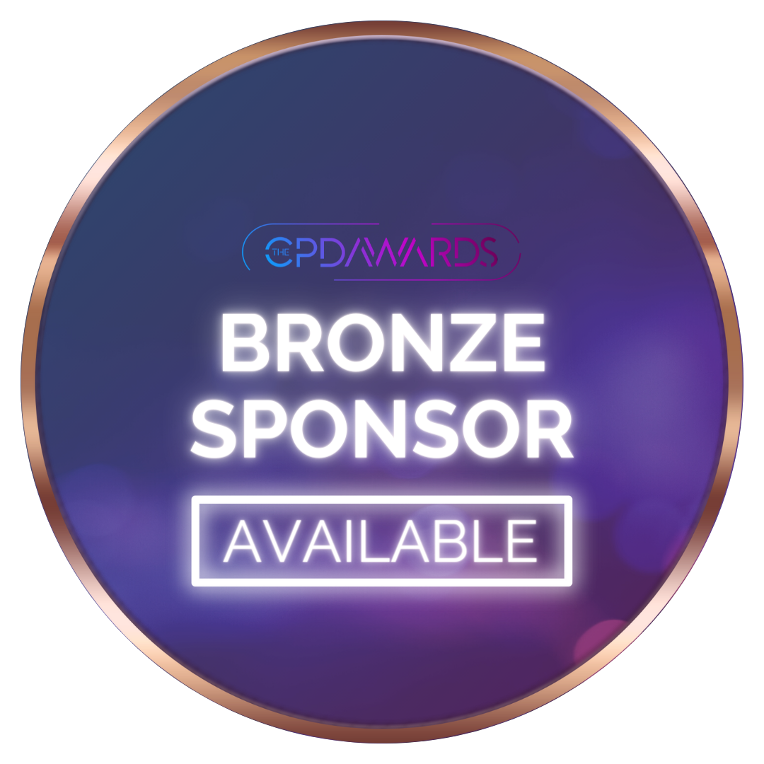 Purple and pink gradient background with bronze outline with text ‘Bronze Sponsor’ and CPD Awards logo, showing as 'Available'.