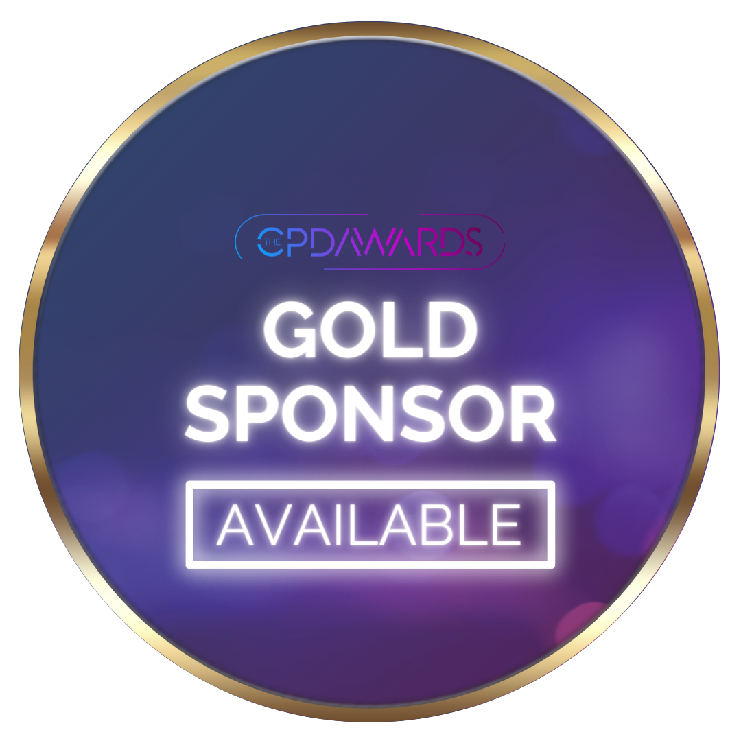 Purple and pink gradient background with gold outline with text ‘Gold Sponsor’ and CPD Awards logo, showing as 'Available'.