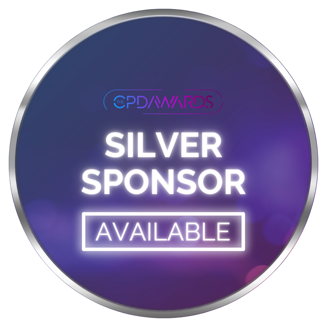 Purple and pink gradient background with silver outline with text ‘Silver Sponsor’ and CPD Awards logo, showing as 'Available'.