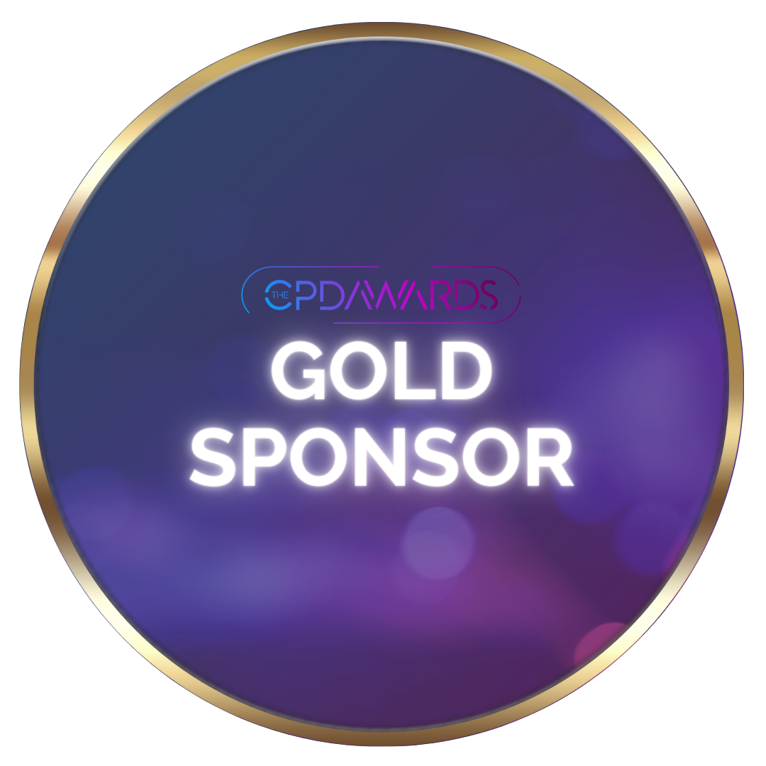Purple and pink gradient background with gold outline and text 'Gold Sponsor' and The CPD Awards Logo