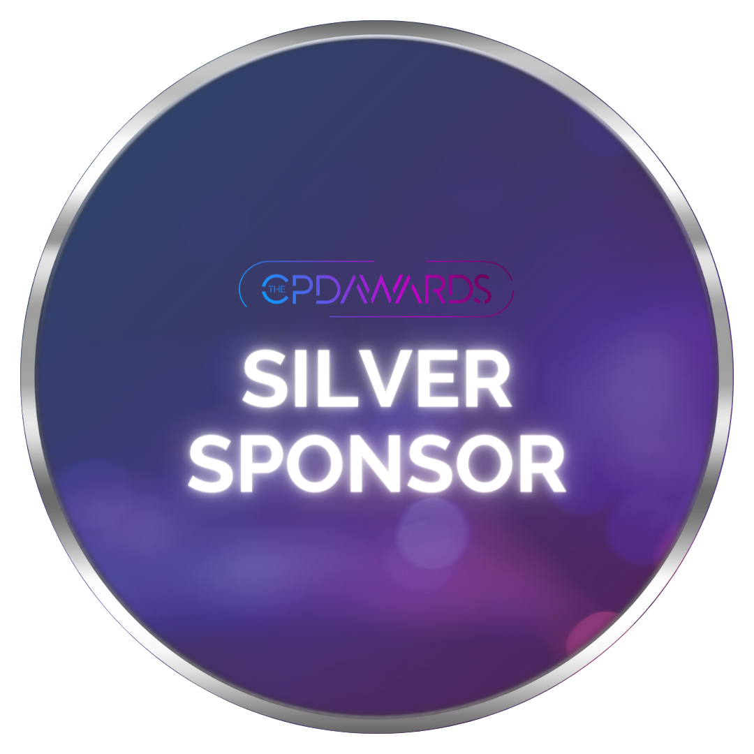 Purple and pink gradient background with silver outline and text 'Silver Sponsor' and The CPD Awards Logo